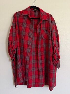 Oversized Red Plaid Button-Up Shirt - Casual Flannel